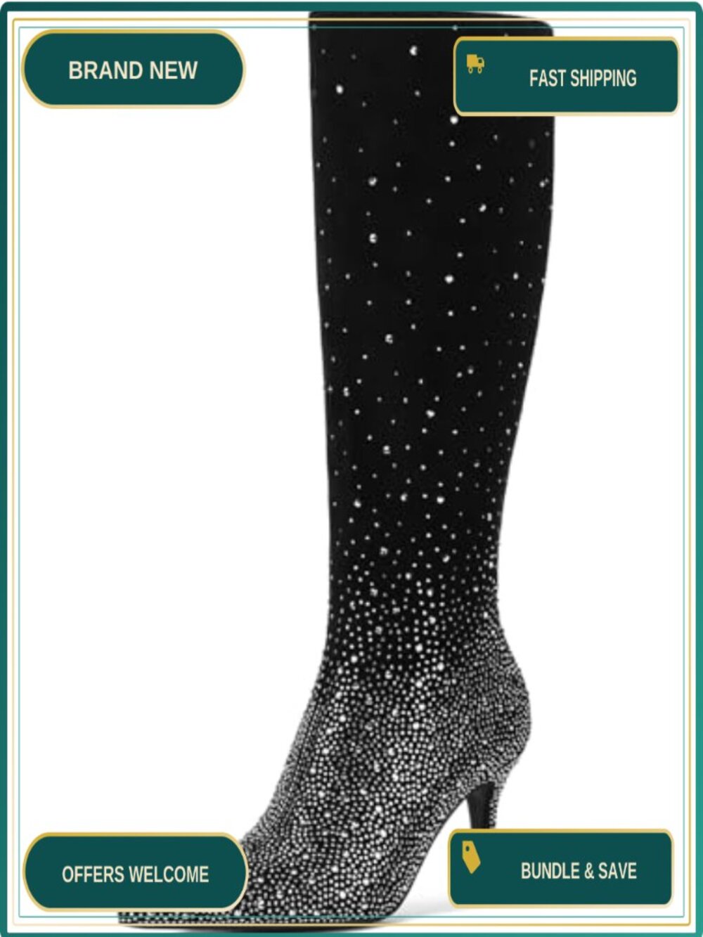 Rhinestone Knee High Stiletto Heeled Boots for Women Pointed Toe Party
